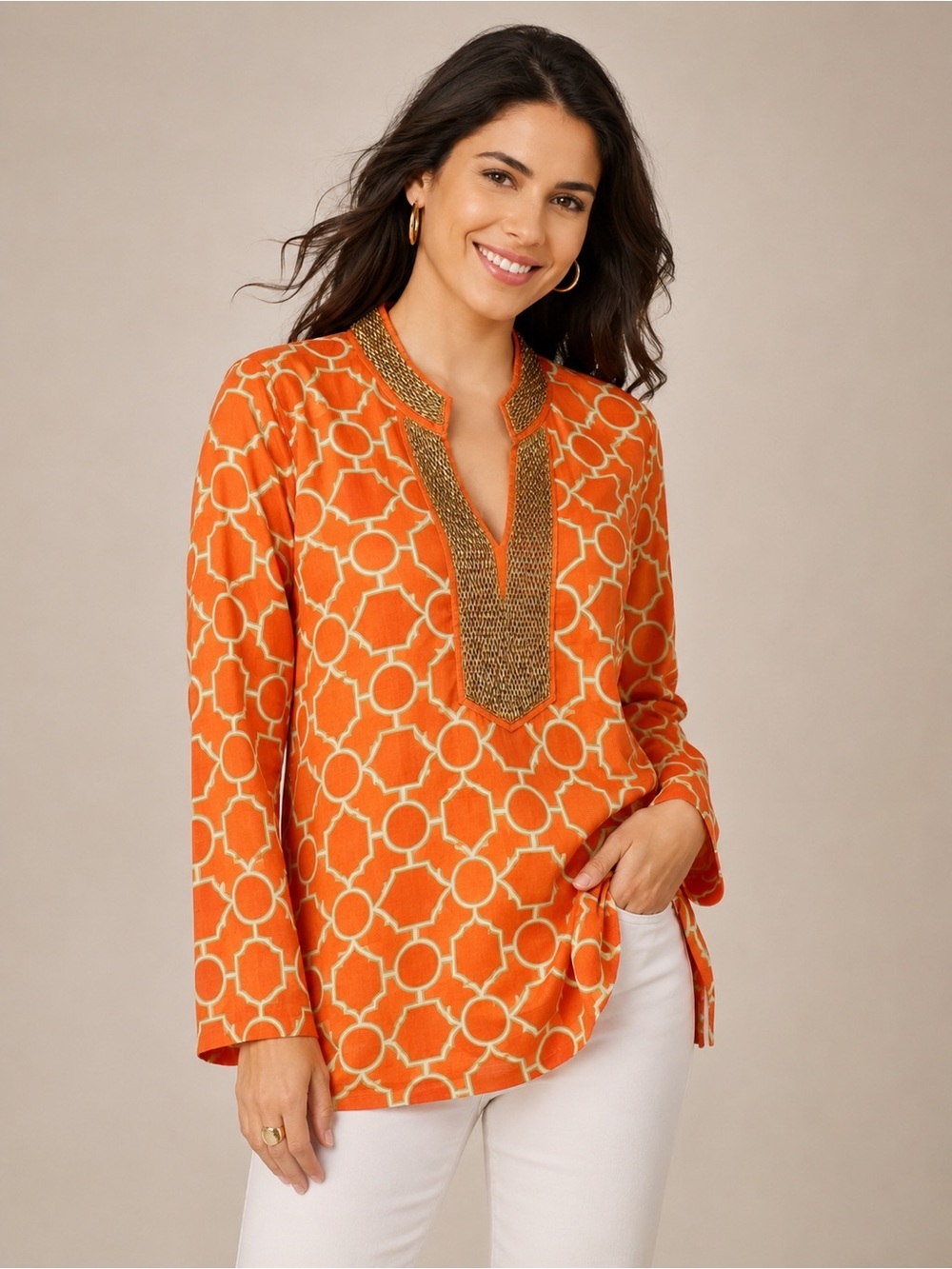 Charter Club Orange Geometric Print Beaded Tunic Top 100% Cotton Medium M